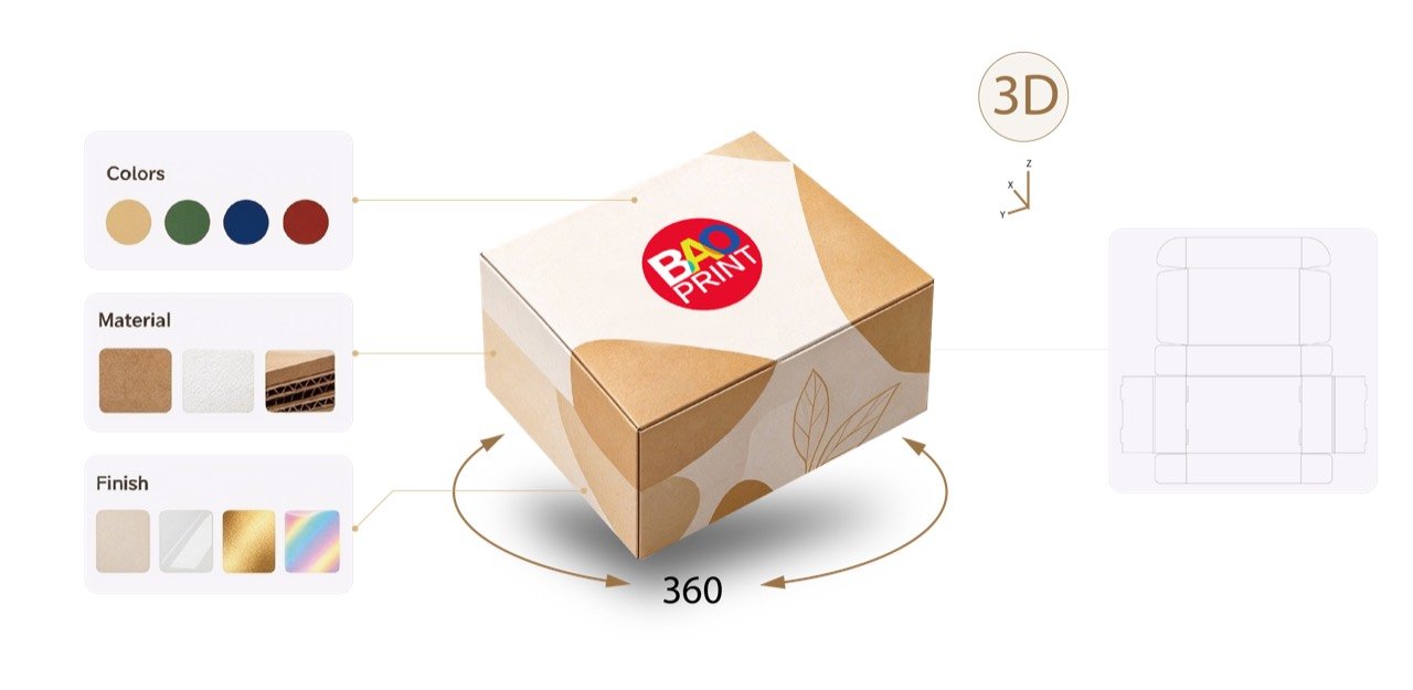 3D box designer preview: set colors, material and finish, see the dieline update in real time